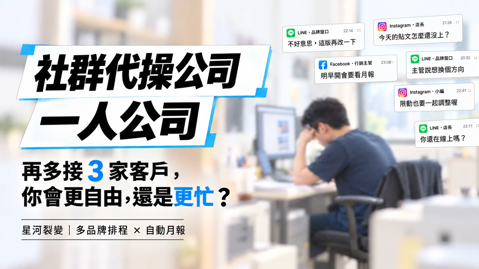 一人經營的社群代操老闆深夜抱頭，螢幕旁不斷跳出客戶的 LINE、IG、FB 訊息